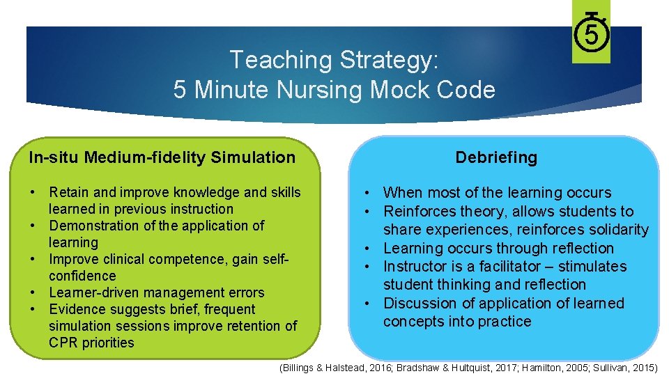 Teaching Strategy: 5 Minute Nursing Mock Code In-situ Medium-fidelity Simulation • Retain and improve