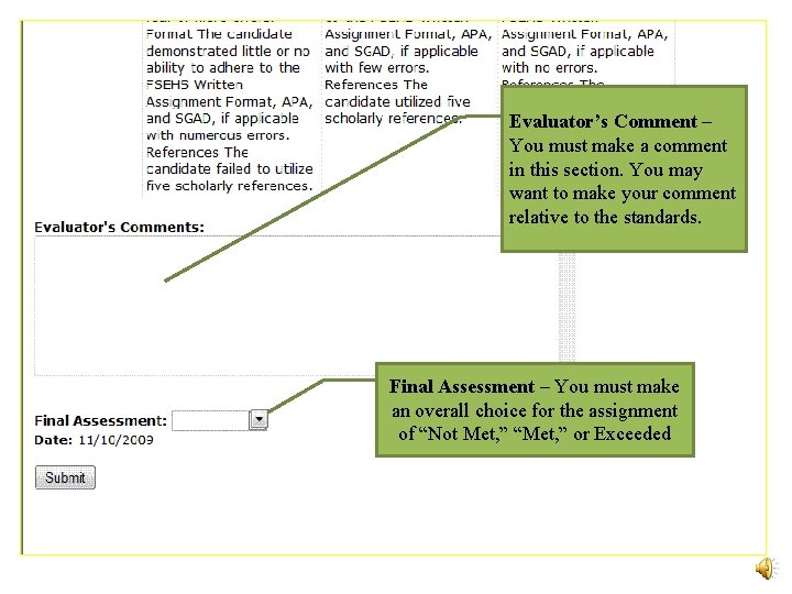 Evaluator’s Comment – You must make a comment in this section. You may want