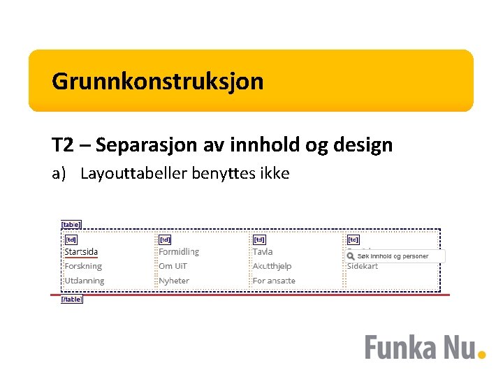 Grunnkonstruksjon T 2 – Separasjon av innhold og design a) Layouttabeller benyttes ikke 