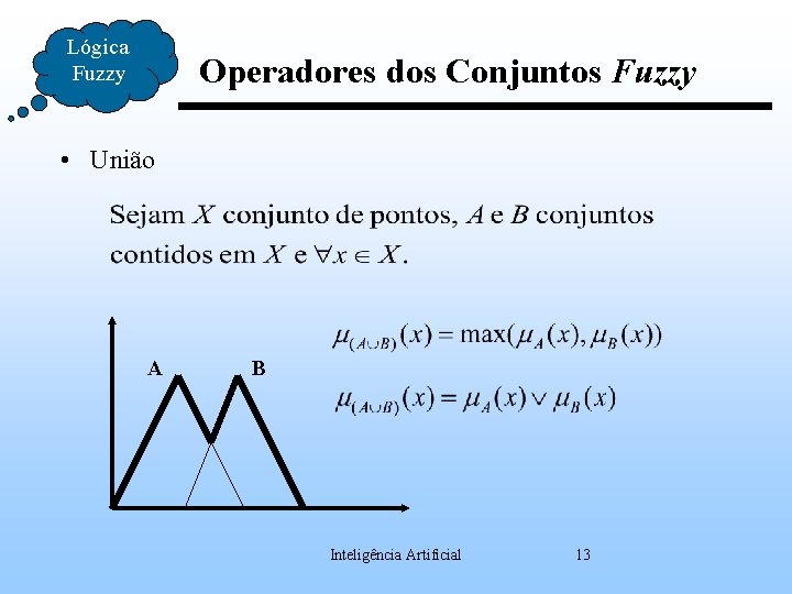 Lógica Fuzzy Operadores dos Conjuntos Fuzzy • União A B Inteligência Artificial 13 