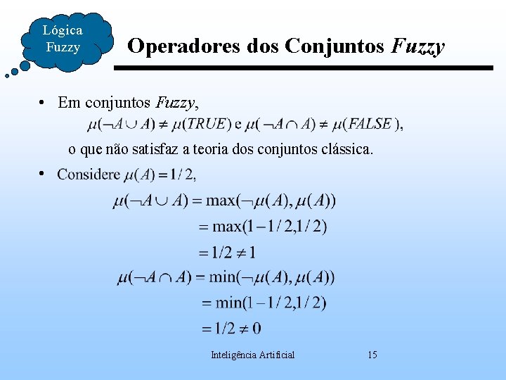 Lógica Fuzzy Operadores dos Conjuntos Fuzzy • Em conjuntos Fuzzy, o que não satisfaz