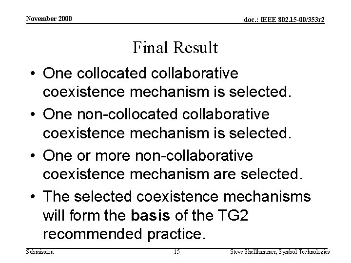 November 2000 doc. : IEEE 802. 15 -00/353 r 2 Final Result • One