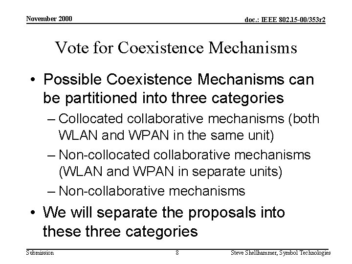 November 2000 doc. : IEEE 802. 15 -00/353 r 2 Vote for Coexistence Mechanisms