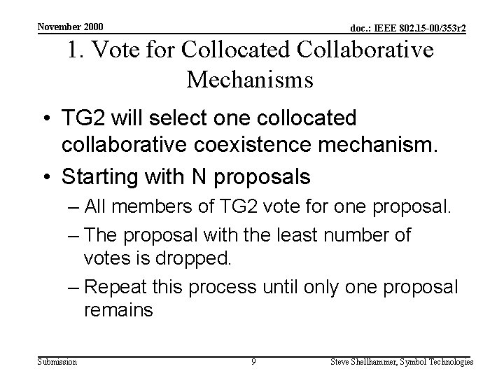 November 2000 doc. : IEEE 802. 15 -00/353 r 2 1. Vote for Collocated