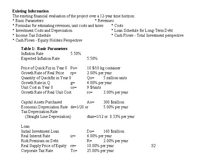 Existing Information The existing financial evaluation of the project over a 12 -year time