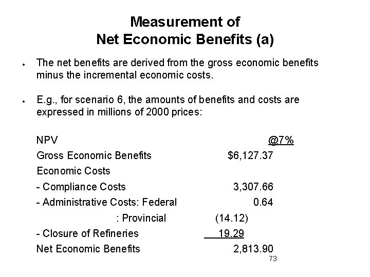 Measurement of Net Economic Benefits (a) The net benefits are derived from the gross