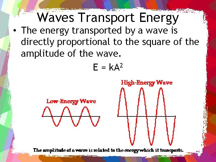 Waves Transport Energy • The energy transported by a wave is directly proportional to