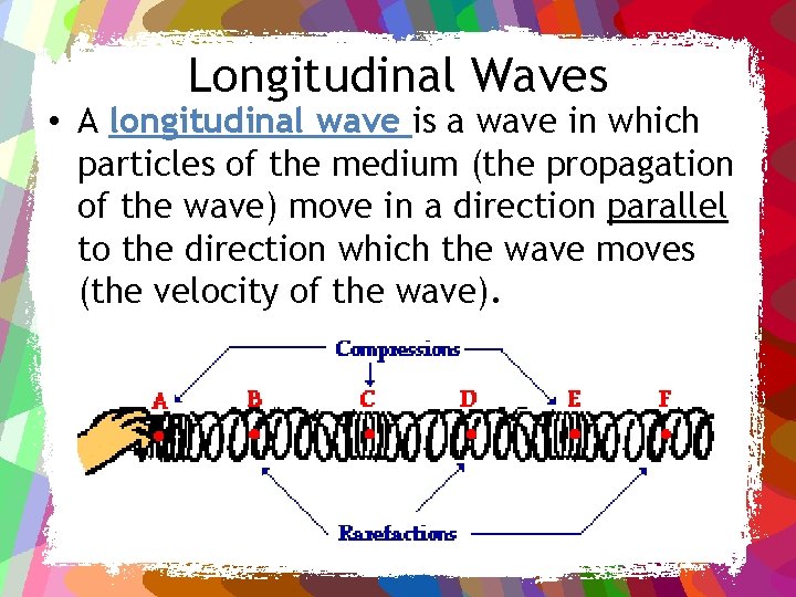 Longitudinal Waves • A longitudinal wave is a wave in which particles of the