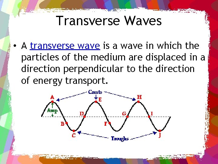 Transverse Waves • A transverse wave is a wave in which the particles of