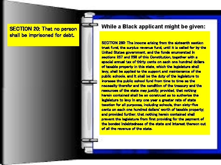 SECTION 20: That no person shall be imprisoned for debt. While a Black applicant