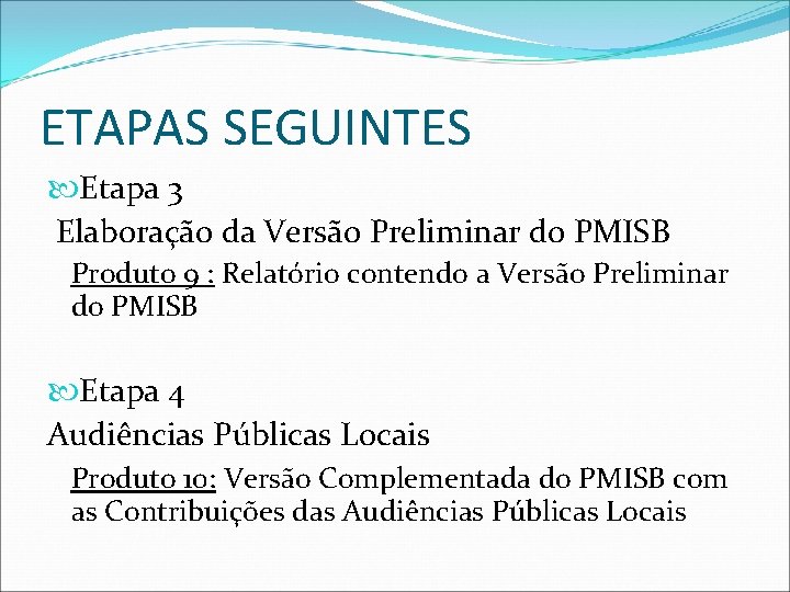 ETAPAS SEGUINTES Etapa 3 Elaboração da Versão Preliminar do PMISB Produto 9 : Relatório