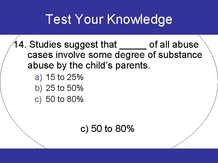 Test Your Knowledge 14. Studies suggest that _____ of all abuse cases involve some