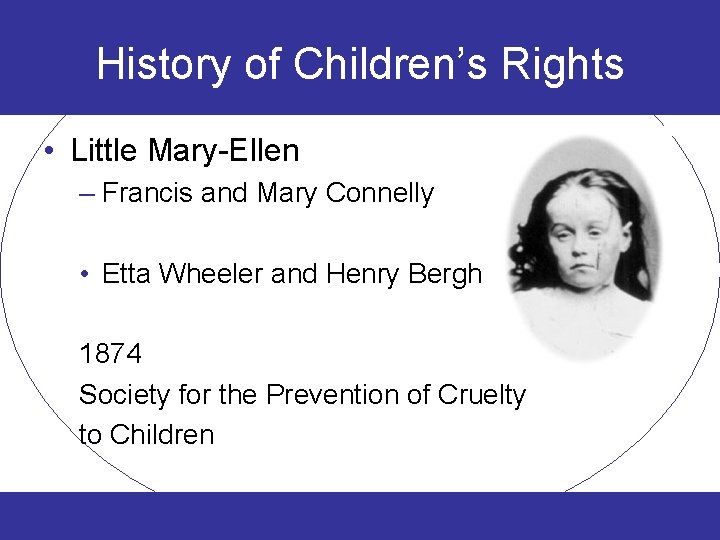 History of Children’s Rights • Little Mary-Ellen – Francis and Mary Connelly • Etta