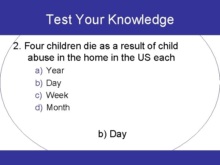 Test Your Knowledge 2. Four children die as a result of child abuse in