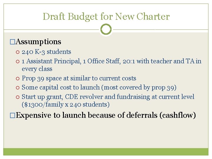 Draft Budget for New Charter �Assumptions 240 K-3 students 1 Assistant Principal, 1 Office