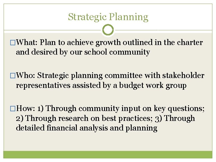 Strategic Planning �What: Plan to achieve growth outlined in the charter and desired by