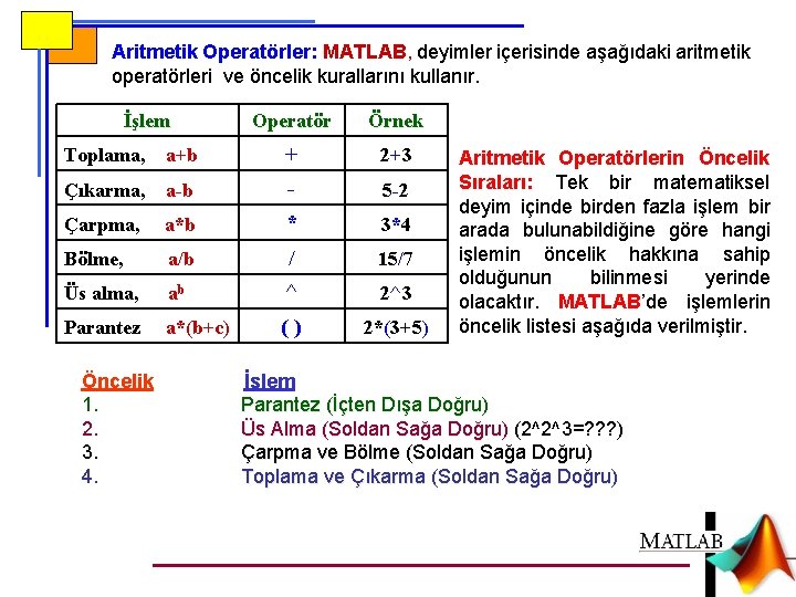 Aritmetik Operatörler: MATLAB, deyimler içerisinde aşağıdaki aritmetik operatörleri ve öncelik kurallarını kullanır. İşlem Operatör