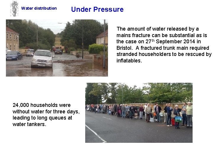 Water distribution Under Pressure The amount of water released by a mains fracture can