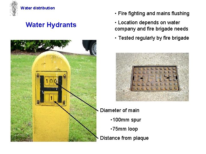 Water distribution • Fire fighting and mains flushing Water Hydrants • Location depends on