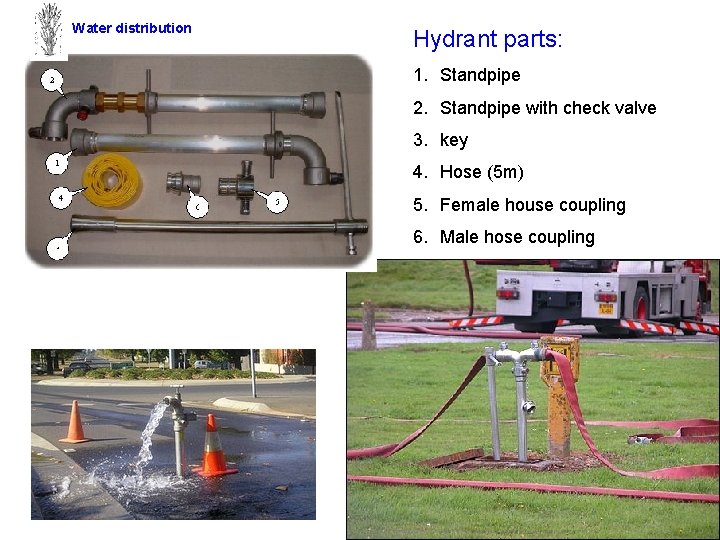 Water distribution Hydrant parts: 1. Standpipe 2. Standpipe with check valve 3. key 4.