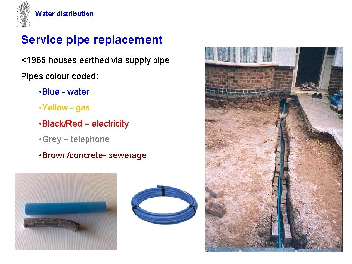 Water distribution Service pipe replacement <1965 houses earthed via supply pipe Pipes colour coded: