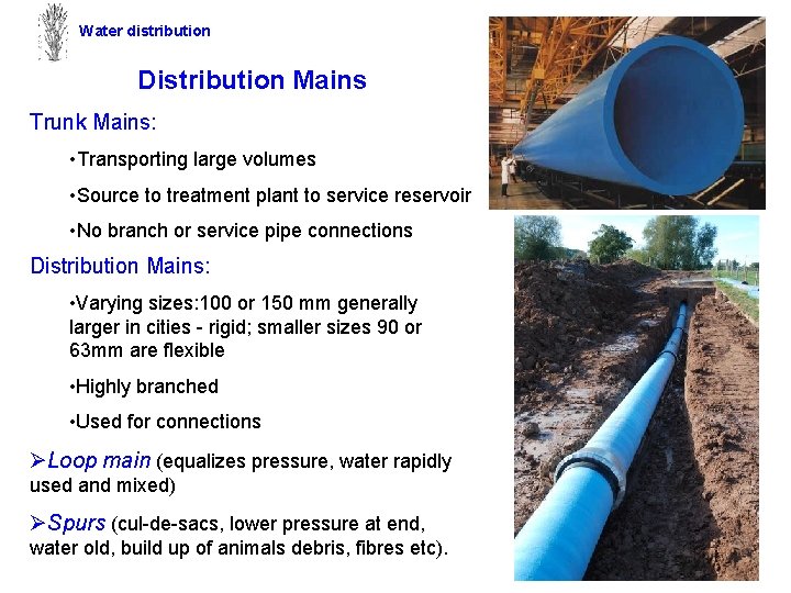 Water distribution Distribution Mains Trunk Mains: • Transporting large volumes • Source to treatment