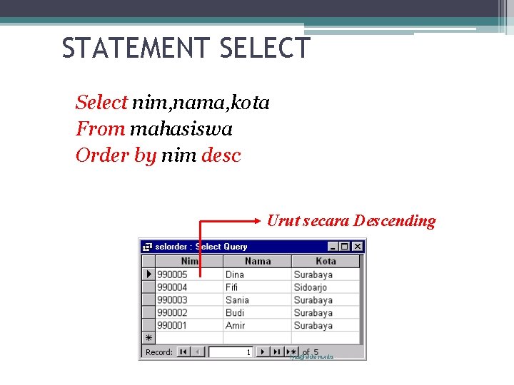 STATEMENT SELECT Select nim, nama, kota From mahasiswa Order by nim desc Urut secara