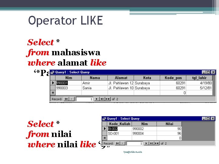 Operator LIKE Select * from mahasiswa where alamat like ‘*Pahlawan*’ Select * from nilai