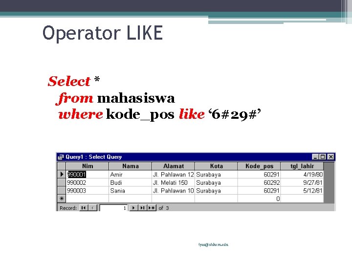 Operator LIKE Select * from mahasiswa where kode_pos like ‘ 6#29#’ tyas@stikom. edu 
