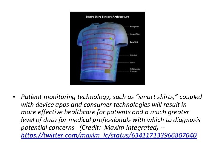  • Patient monitoring technology, such as “smart shirts, ” coupled with device apps