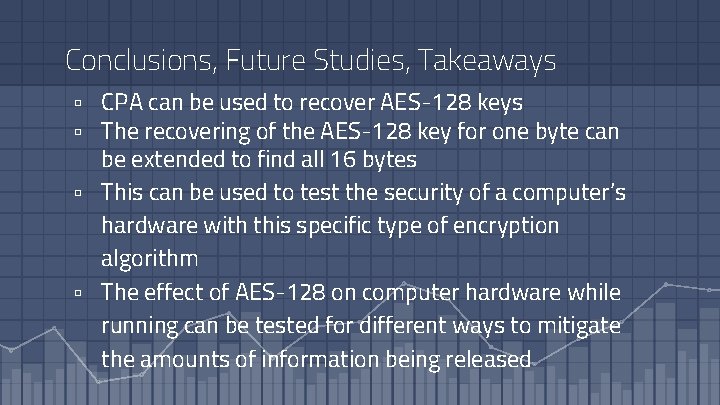 Conclusions, Future Studies, Takeaways ▫ CPA can be used to recover AES-128 keys ▫