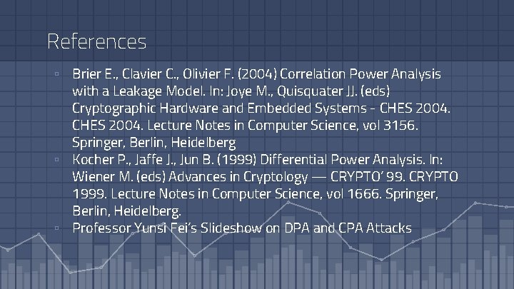 References ▫ Brier E. , Clavier C. , Olivier F. (2004) Correlation Power Analysis