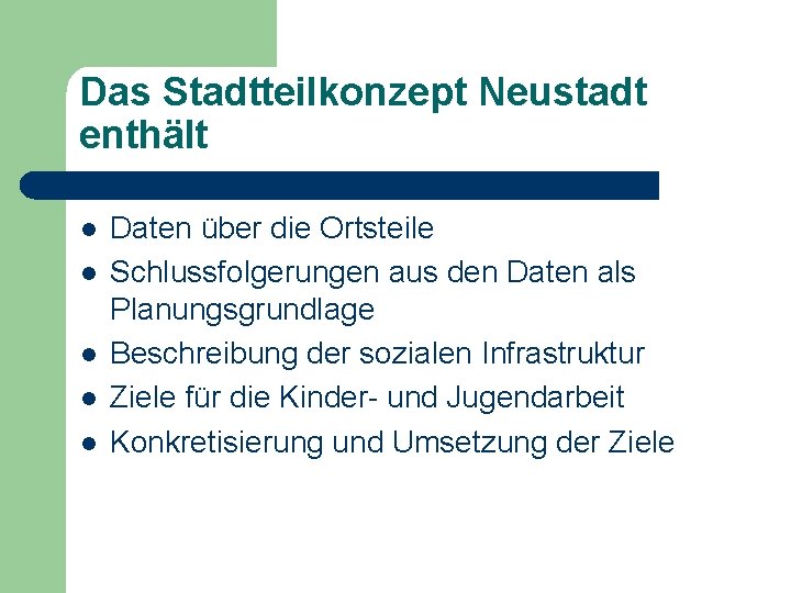 Das Stadtteilkonzept Neustadt enthält l l l Daten über die Ortsteile Schlussfolgerungen aus den