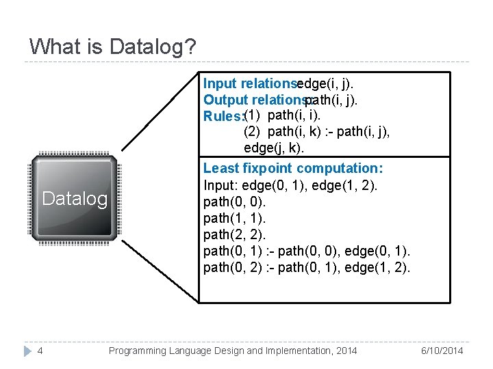 What is Datalog? Datalog 4 Input relations: edge(i, j). path(i, j). Output relations: Rules: