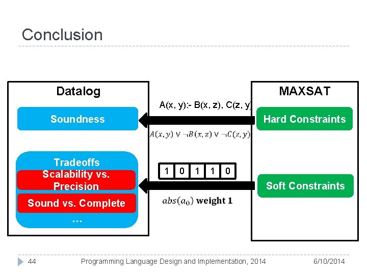 Conclusion MAXSAT Datalog A(x, y): - B(x, z), C(z, y) Soundness Tradeoffs Scalability vs.