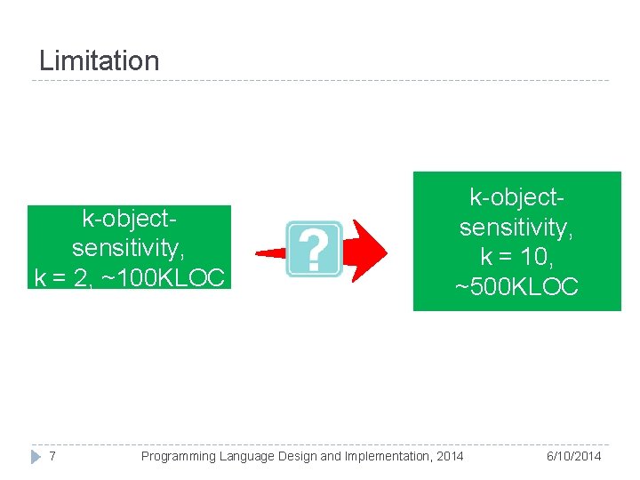 Limitation k-objectsensitivity, k = 2, ~100 KLOC 7 k-objectsensitivity, k = 10, ~500 KLOC