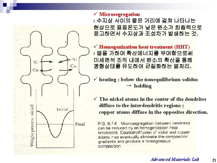 ü Microsegregation : 수지상 사이의 짧은 거리에 걸쳐 나타나는 현상으로 용융온도가 낮은 원소가 최종적으로