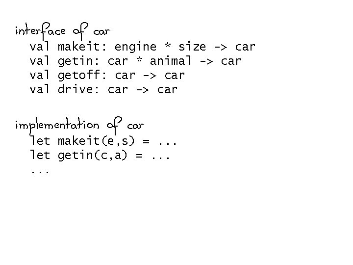 interface of car val makeit: engine * size -> car val getin: car *