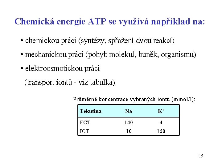 Chemická energie ATP se využívá například na: • chemickou práci (syntézy, spřažení dvou reakcí)