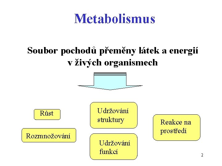 Metabolismus Soubor pochodů přeměny látek a energií v živých organismech Růst Rozmnožování Udržování struktury