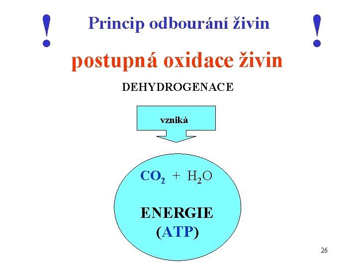 ! Princip odbourání živin postupná oxidace živin ! DEHYDROGENACE vzniká CO 2 + H