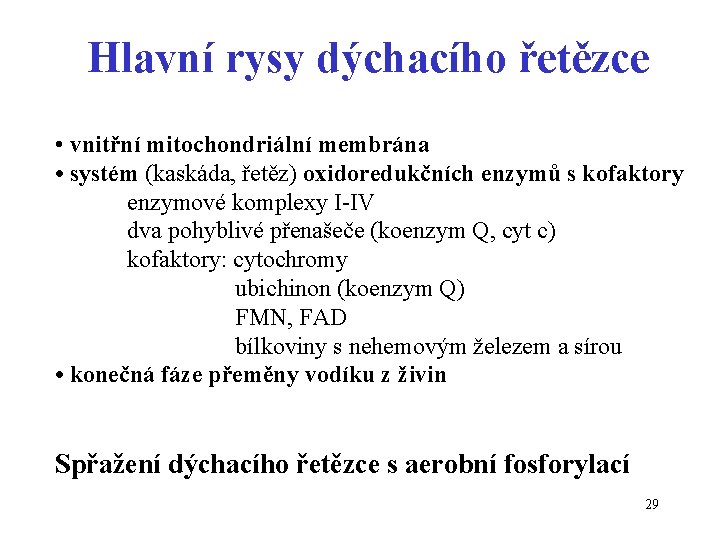 Hlavní rysy dýchacího řetězce • vnitřní mitochondriální membrána • systém (kaskáda, řetěz) oxidoredukčních enzymů