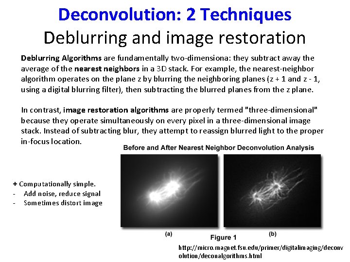Deconvolution: 2 Techniques Deblurring and image restoration Deblurring Algorithms are fundamentally two-dimensiona: they subtract