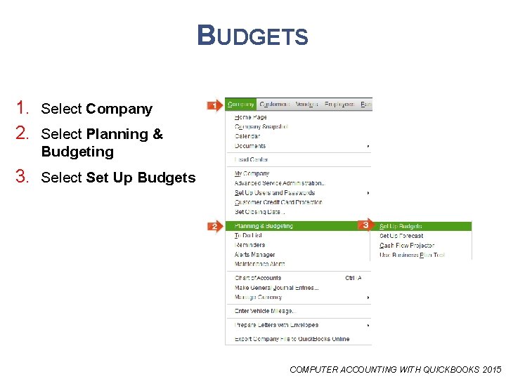 BUDGETS 1. Select Company 2. Select Planning & Budgeting 3. Select Set Up Budgets