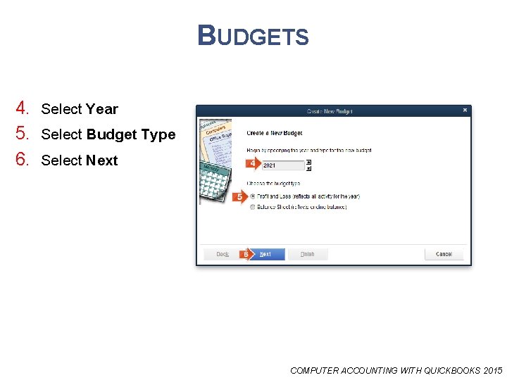 BUDGETS 4. Select Year 5. Select Budget Type 6. Select Next COMPUTER ACCOUNTING WITH