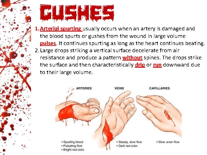 1. Arterial spurting usually occurs when an artery is damaged and the blood spurts