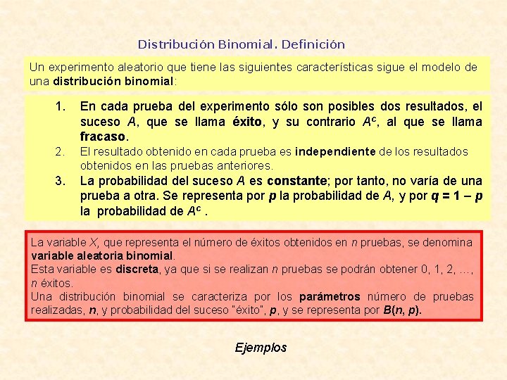 Distribución Binomial. Definición Un experimento aleatorio que tiene las siguientes características sigue el modelo