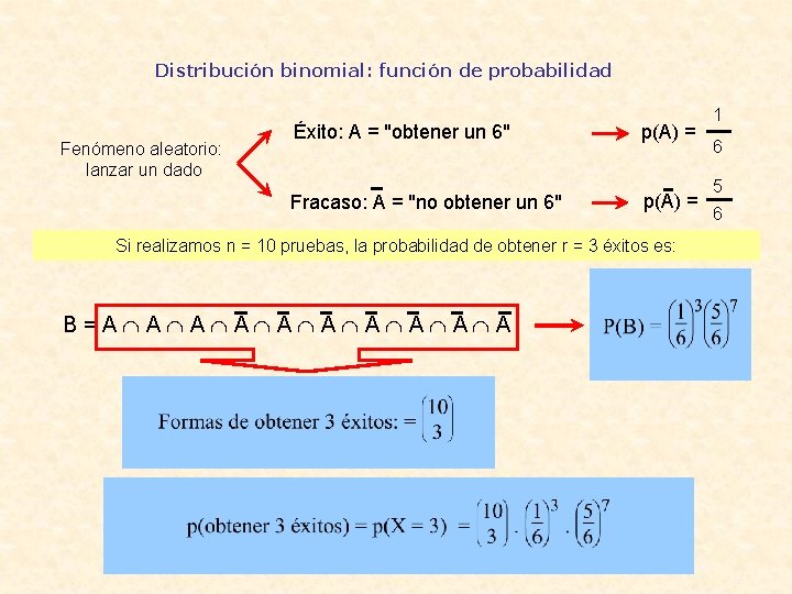 Distribución binomial: función de probabilidad Fenómeno aleatorio: lanzar un dado Éxito: A = "obtener