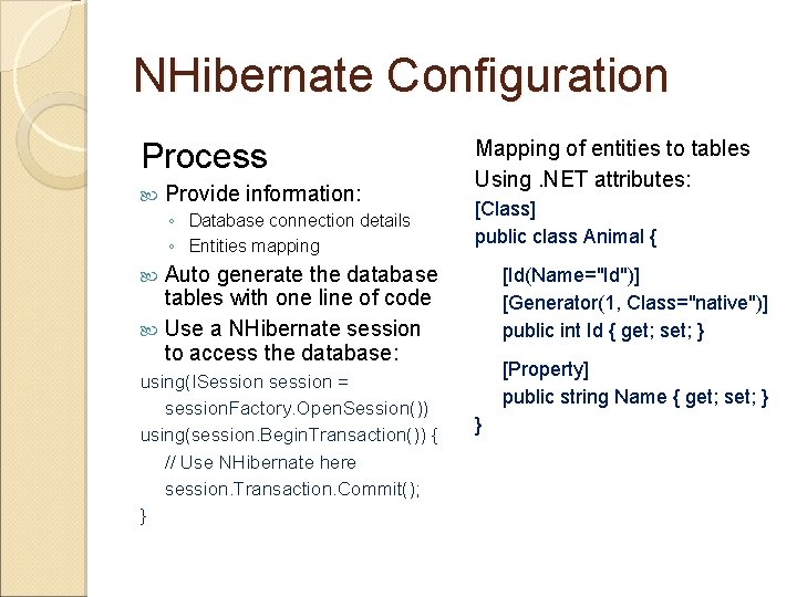 NHibernate Configuration Process Provide information: ◦ Database connection details ◦ Entities mapping Mapping of
