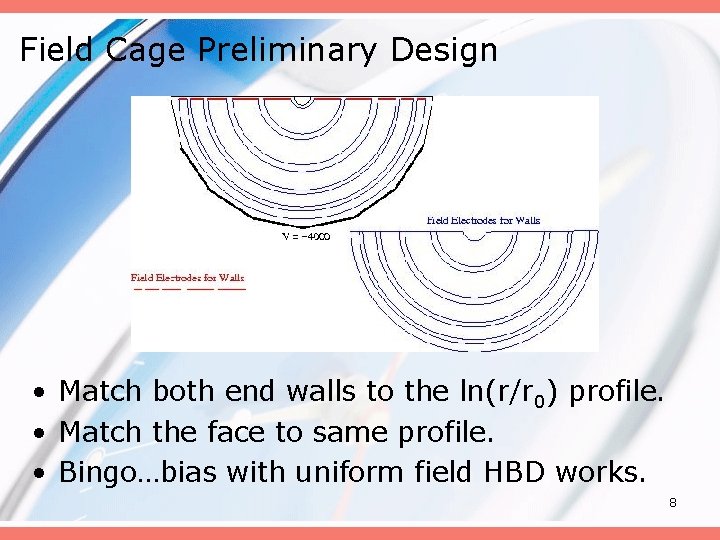 Field Cage Preliminary Design • Match both end walls to the ln(r/r 0) profile.